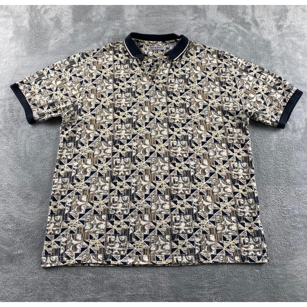 Vintage Imprints Mens Large Cotton Geometric Abstract Print Polo Shirt Tan Black